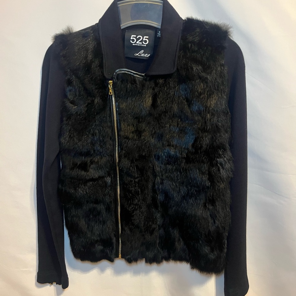 525 America Luxe Sweater Jacket. Black, Genuine Rabbit Fur, Size Small